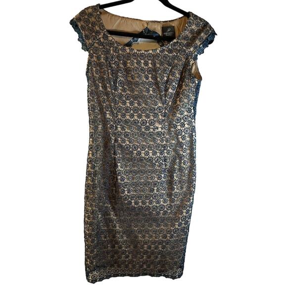 Adrianna Papell Lace Sheath Dress Sz 4 Blue over Tan - Picture 1 of 9